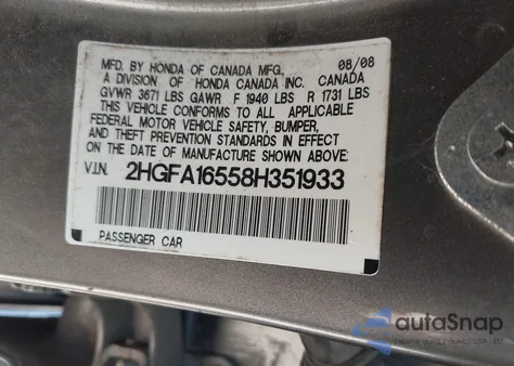 2008 Honda Civic Lx z USA, uszkodzony, nr VIN 2HGFA16558H351933